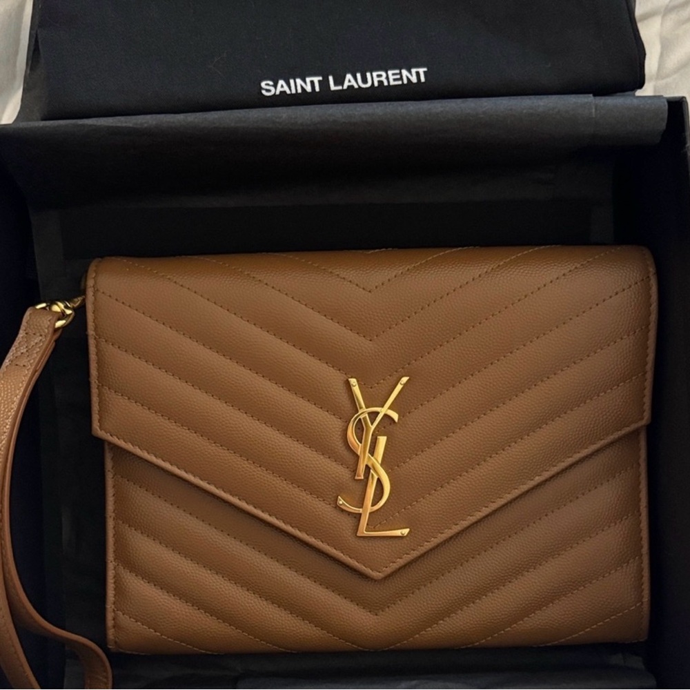Saint Laurent Tan Quilted Clutch